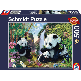 Puzzel van 500 stukjes De pandafamilie bij de waterval 