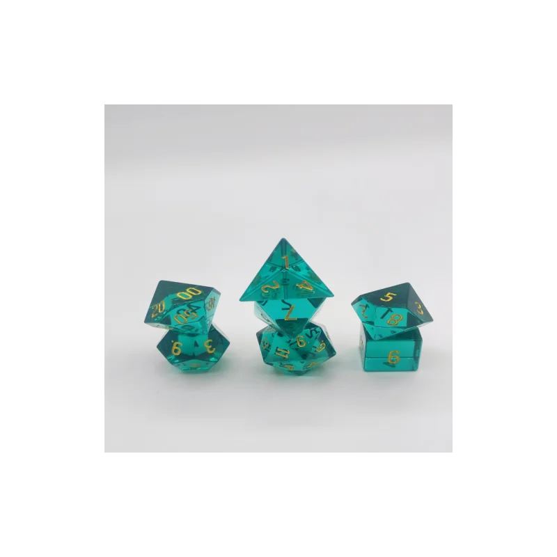 Glass Dice - Set of 7 dice with metal box - Emerald 