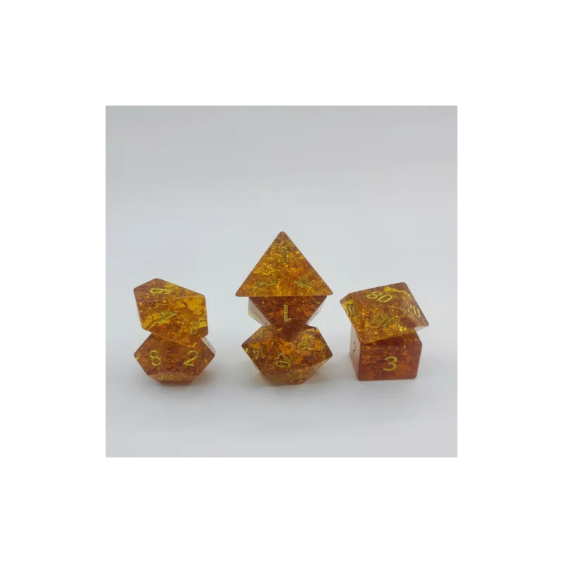 Glass Dice - Set of 7 dice with metal box - Cracked orange 