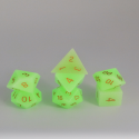 Glass Dice - Set of 7 dice with metal box - Green moonstone Dobbelsteen