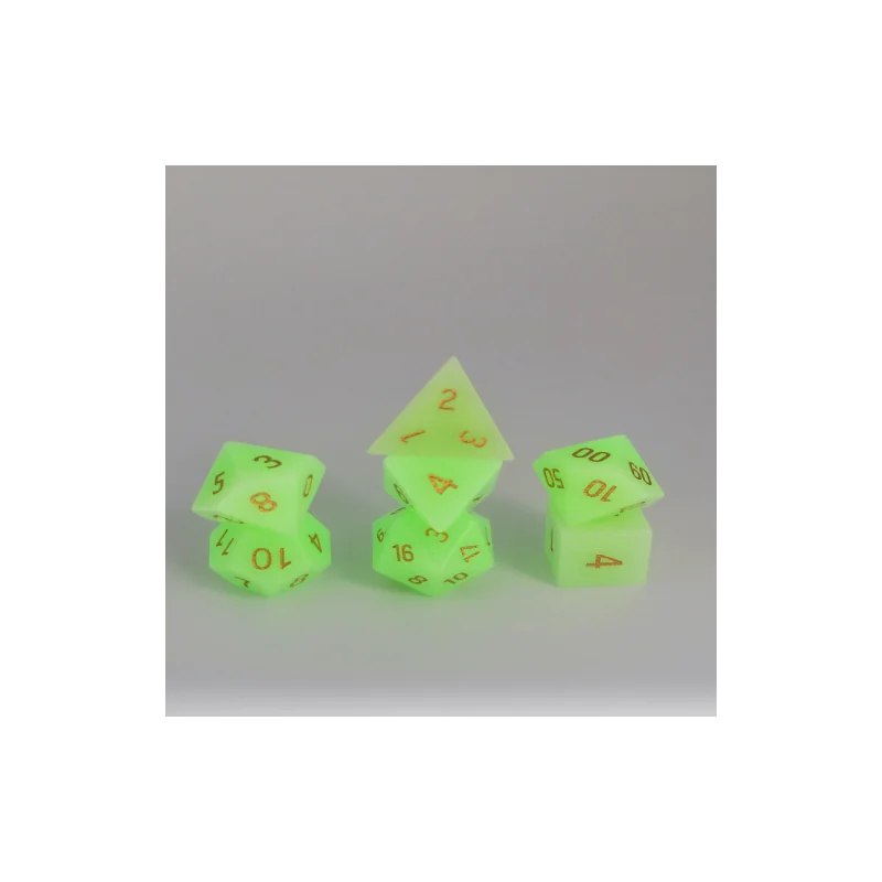 Glass Dice - Set of 7 dice with metal box - Green moonstone Dobbelsteen