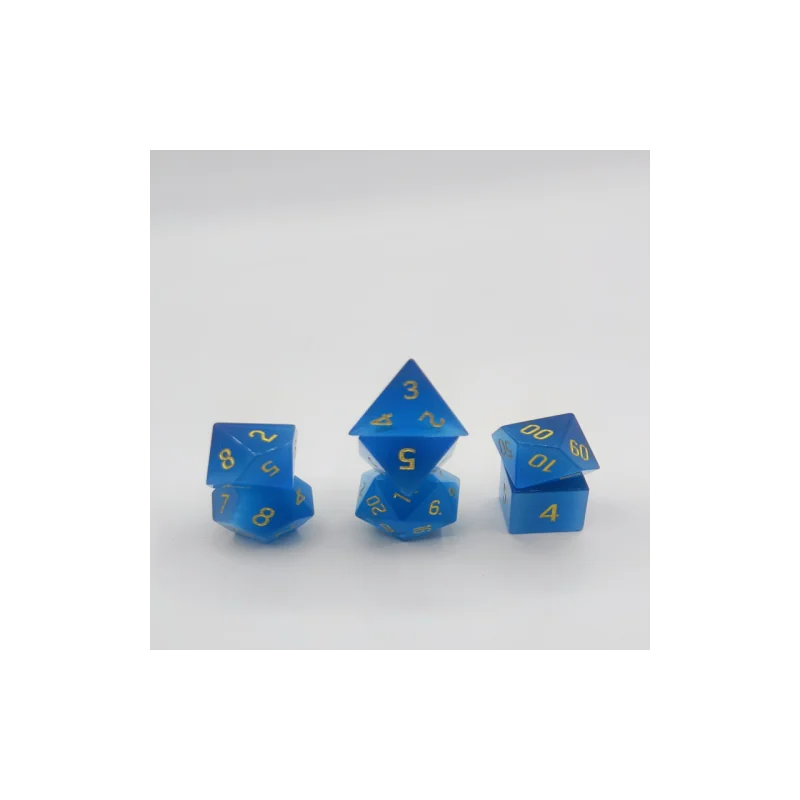 Semi Precious Stone Dice - Set of 7 dice with metal box - Cat's eyes - Blue 