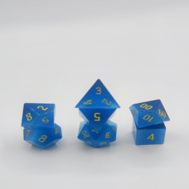 Semi Precious Stone Dice - Set of 7 dice with metal box - Cat's eyes - Blue 