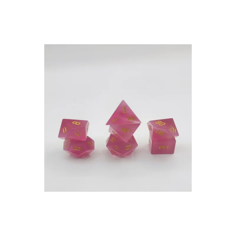 Semi Precious Stone Dice - Set of 7 dice with metal box - Cat's eyes - Pink 