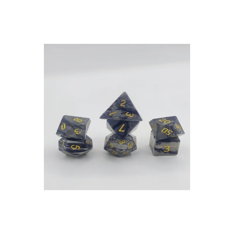 Semi Precious Stone Dice - Set of 7 dice with metal box - Natural - Gray Internet Jasper 